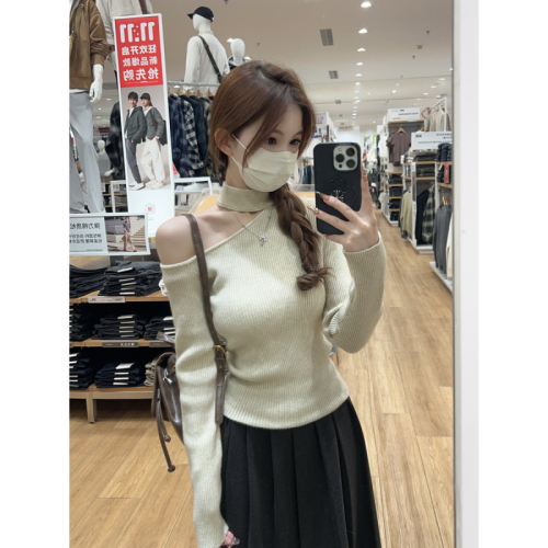 Actual shot of autumn and winter Korean style slim-fit pure desire halterneck slimming Andy velvet sweater bottoming sweater top