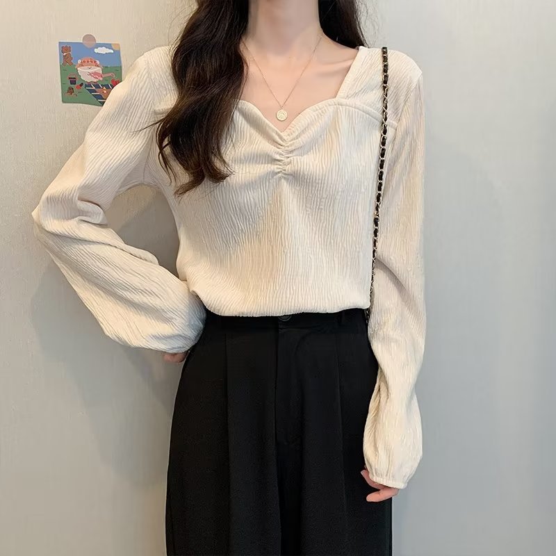 Large size fat mm temperament T-shirt fashion ins long-sleeved trend popular V-neck autumn simple new style