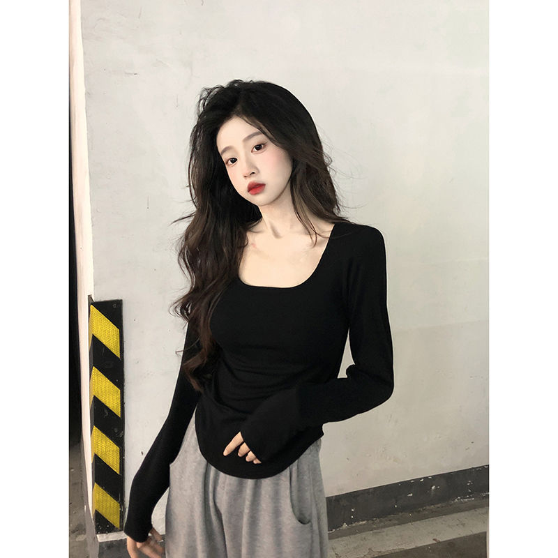 Large size u-neck, large neckline, tight-fitting inner shirt, women's spring, autumn and winter long-sleeved T-shirt, slim short top