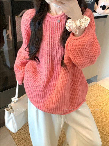 Real shot ~ Lazy style curled thick woolen sweater 2024 new autumn and winter women's loose round neck sweater