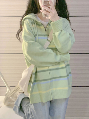 Gentle milk green contrast stitching knitted hooded sweater for women autumn and winter new soft waxy niche lazy style cardigan jacket