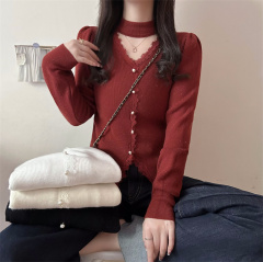 實拍~秋季新款韓版設計感掛脖蕾絲修身針織上衣