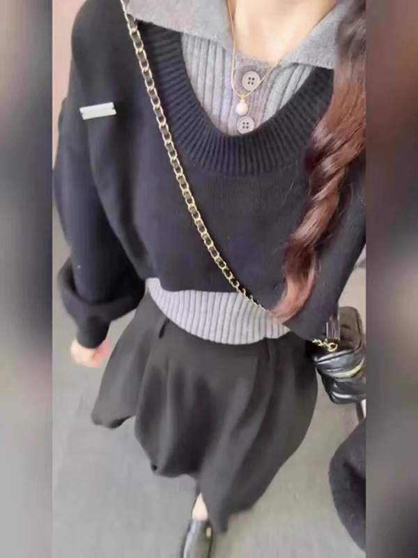 Fake two-piece college style sweater for women, spring and autumn new design, chic and age-reducing Tmall Korean style sweater top