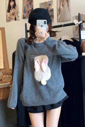 Real shot ~ Casual lazy style long-sleeved round neck three-dimensional rabbit knitted sweater autumn and winter loose slimming top