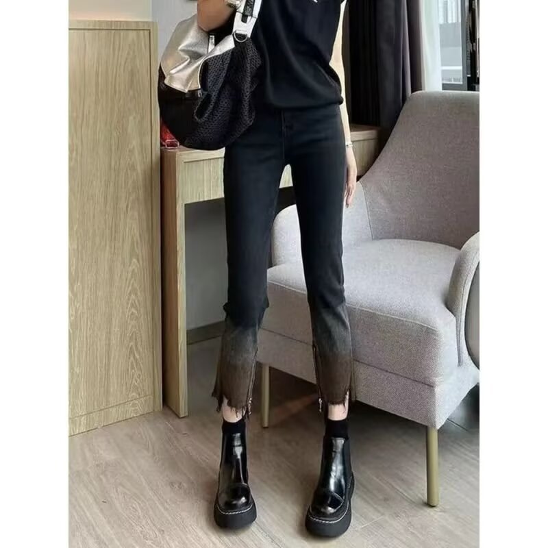 2024 Autumn and Winter New Gradient Raw Edge Straight Leg Jeans Women's High Waist Elastic Slim Slim Nine-Point Cigarette Pants