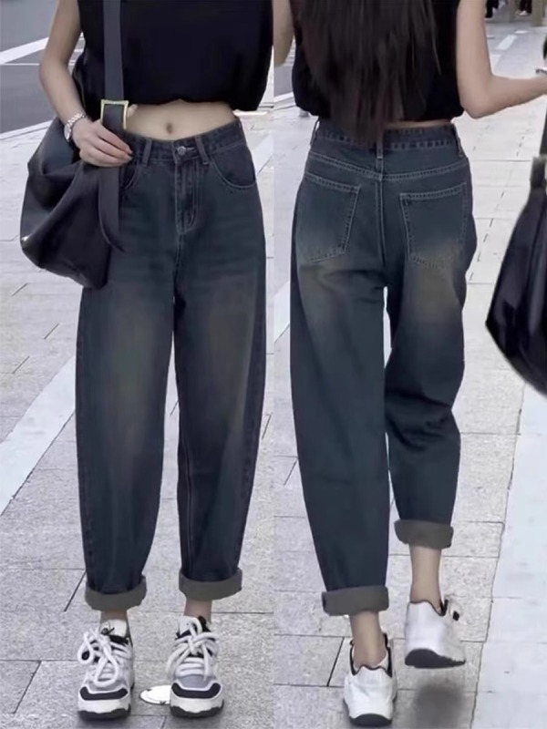 Large size fat mm high-waisted pear-shaped body jeans for women in spring and autumn Korean style loose and slim straight harem daddy pants