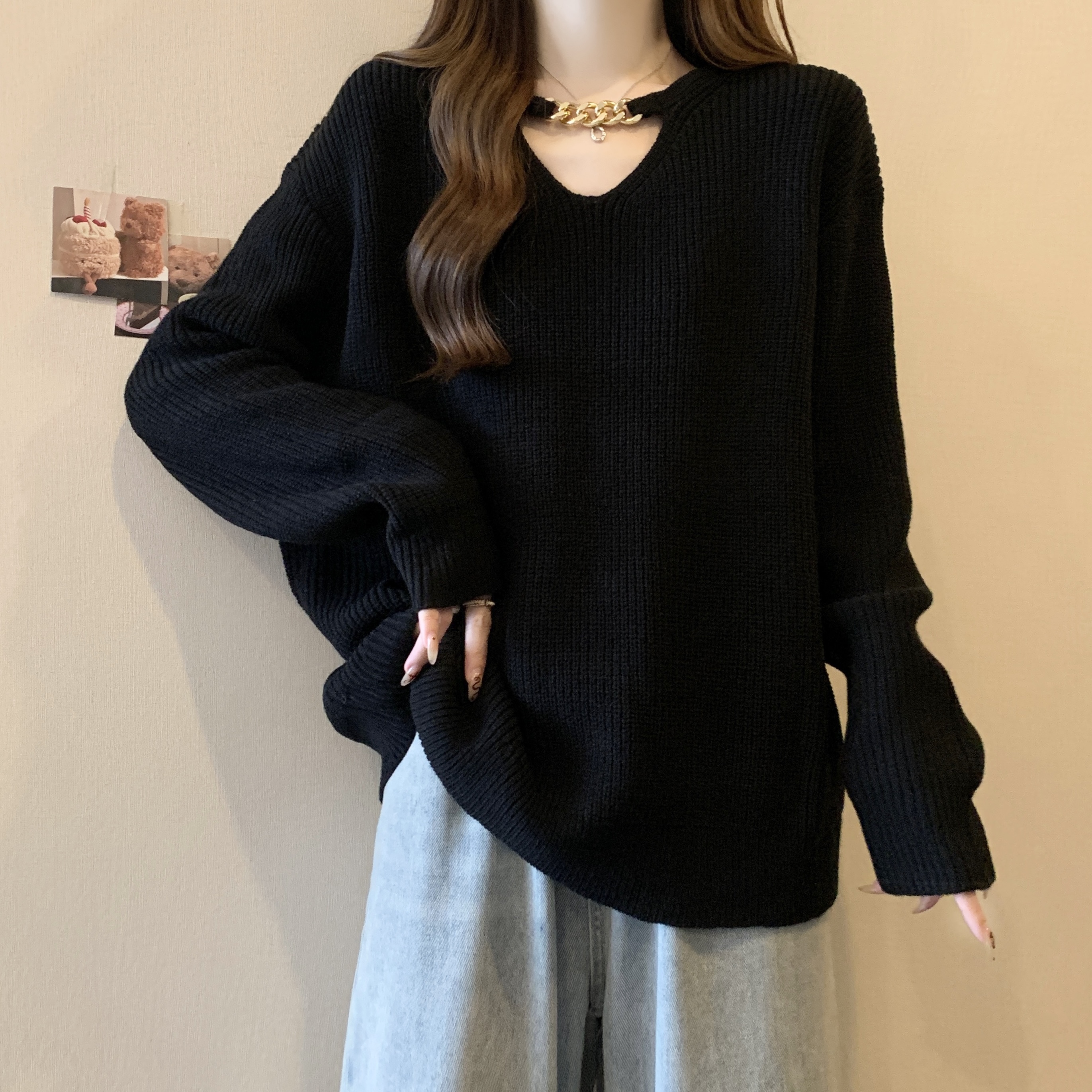 ~Photographed~ Fat MM Large Size Round Neck Knitted Chain Base Top Sweater Loose Slimming Long Sleeve Top