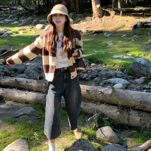 Two-color lazy striped sweater cardigan loose versatile short coat