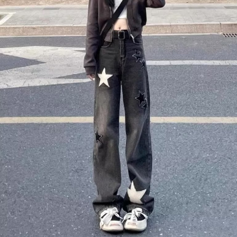American high street star printed straight jeans for women Korean style new loose slimming wide leg dad pants trendy