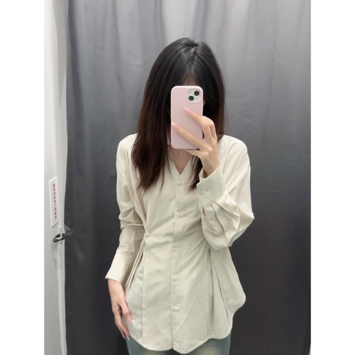 V-neck shirt women's 2024 new niche design waist shirt long-sleeved top