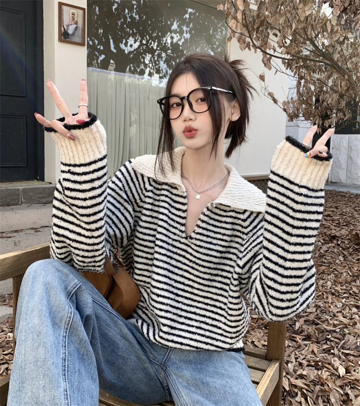 Korean style chic half-open V-neck striped contrast pullover casual versatile long-sleeved sweater