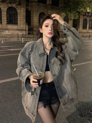 oversize trendy brand retro ripped denim jacket women's trendy spring and autumn American loose old washed jacket top