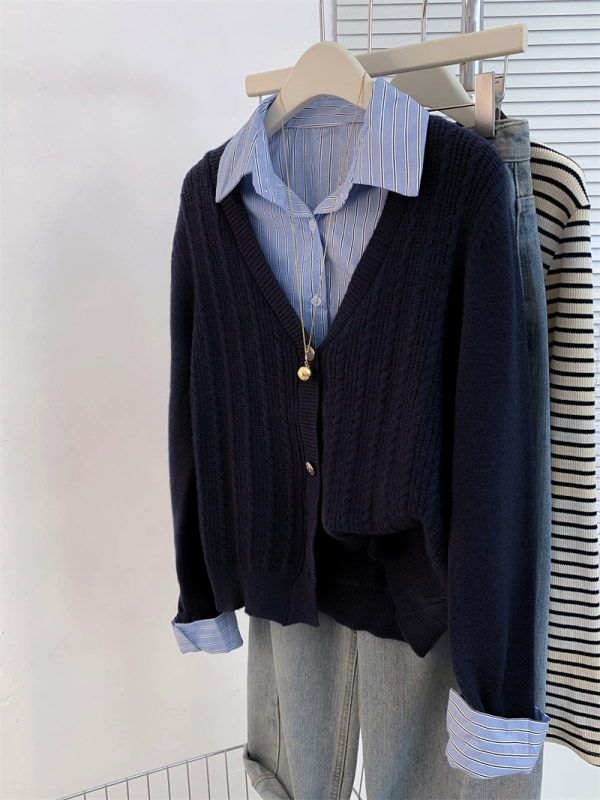 Autumn and winter new fake two-piece college style knitted long-sleeved cardigan sweater