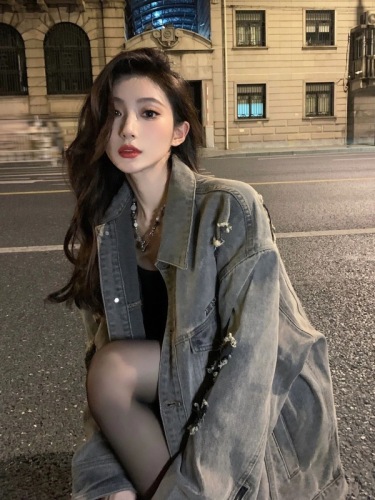 oversize trendy brand retro ripped denim jacket women's trendy spring and autumn American loose old washed jacket top