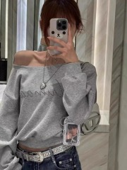 Already shipped composite milk silk hot rhinestone slanted shoulder long-sleeved sweatshirt for women early autumn loose slimming versatile top