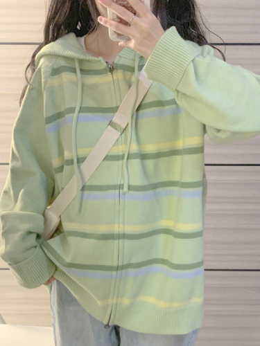 Gentle milk green contrast stitching knitted hooded sweater for women autumn and winter new soft waxy niche lazy style cardigan jacket