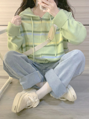 Gentle milk green contrast stitching knitted hooded sweater for women autumn and winter new soft waxy niche lazy style cardigan jacket