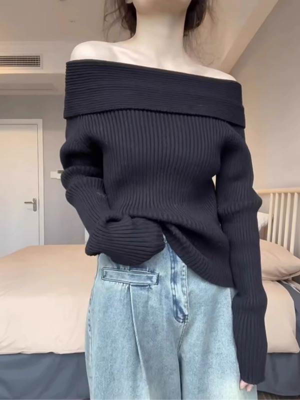 Off-shoulder lazy style one-shoulder sweater for women autumn new style off-shoulder design black one-shoulder sweater top