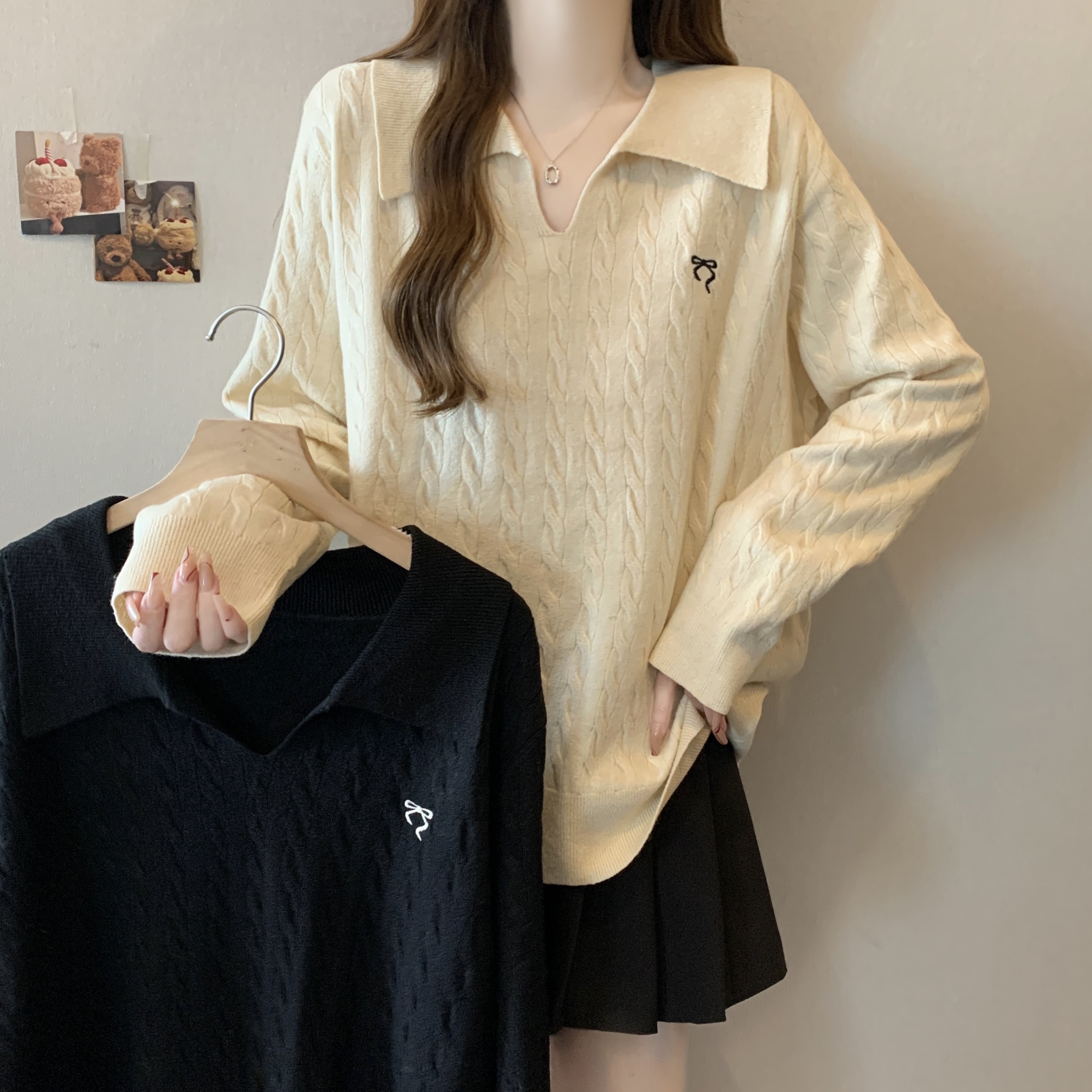 Real shot~ Big size polo neck embroidered twisted rope design loose slimming sweater for fat girls 
