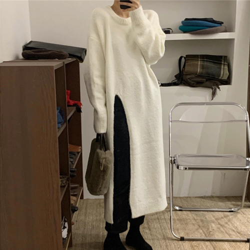 Autumn and winter lazy style round neck pullover sweater skirt women's loose knee-length mid-length side slit knitted dress