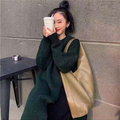 Autumn and winter lazy style round neck pullover sweater skirt women's loose knee-length mid-length side slit knitted dress