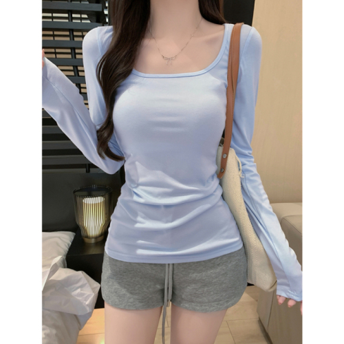 40 count pure cotton 92 cotton/8 spandex pure lust style U-neck T-shirt women's long-sleeved square neck bottoming shirt