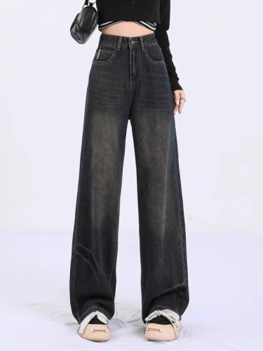 Retro high-waisted wide-leg jeans for women in autumn new style small American high street straight pants