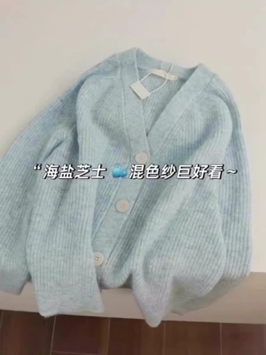 Gentle style milk blue mixed color v-neck pit strip knitted cardigan for women spring and autumn Korean style loose soft waxy early spring sweater jacket