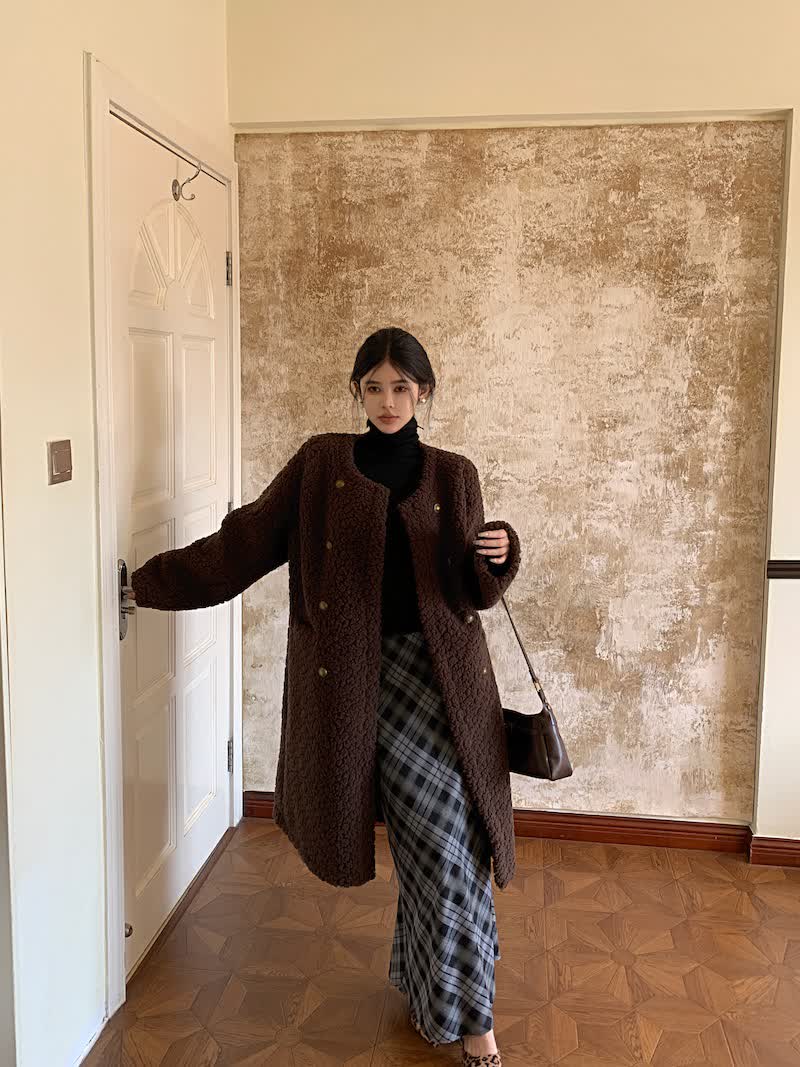 Actual shot Korean style loose casual high-end mid-length fur one-piece thickened warm coat