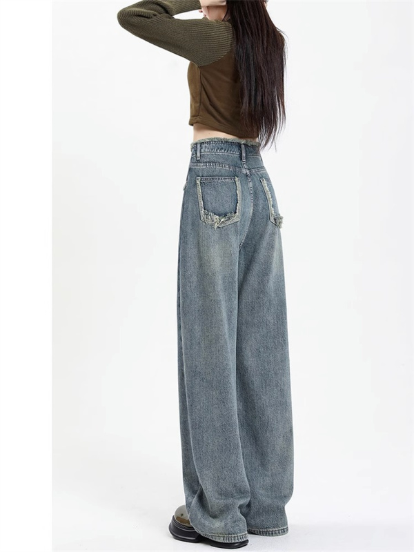 Retro blue wide-leg jeans for women in autumn and winter new style high-waisted straight-leg loose-cut raw-edged floor-length trousers