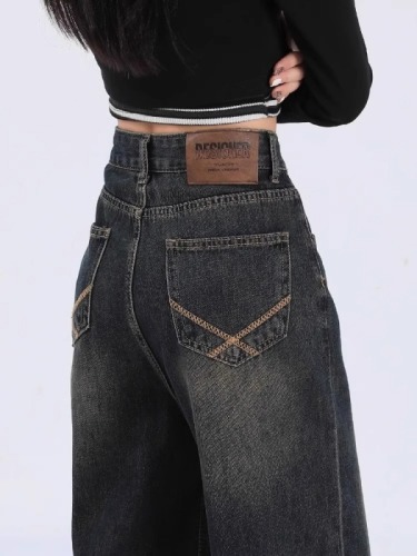 Retro high-waisted wide-leg jeans for women in autumn new style small American high street straight pants