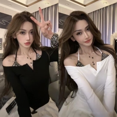 Xier custom ♥ sequins ♥ hot girl long-sleeved top T-shirt with slimming temperament, retro fashion, niche and pure desire