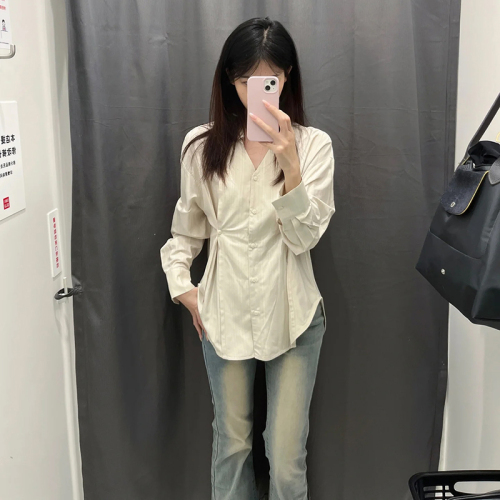 V-neck shirt women's 2024 new niche design waist shirt long-sleeved top