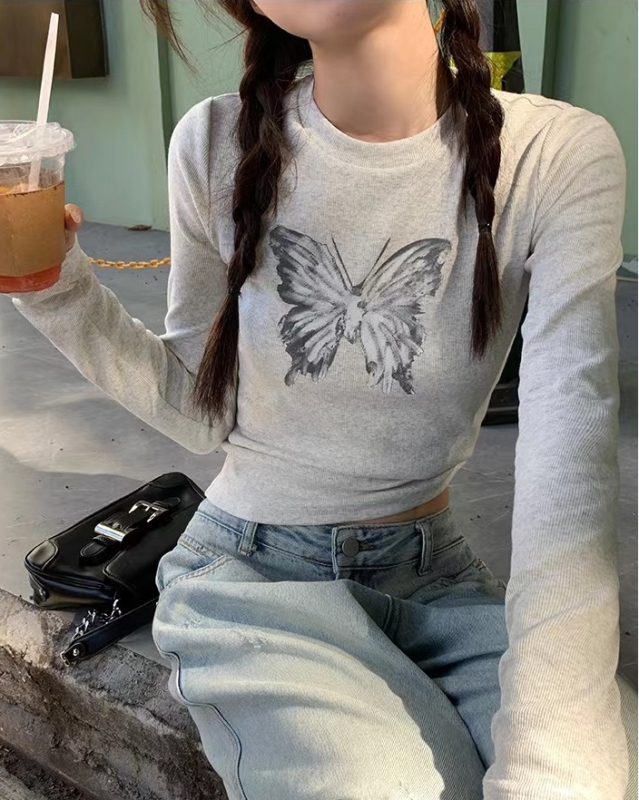Large size right shoulder long sleeve t-shirt, good material, autumn pure cotton slim fit top, printed butterfly inner layering shirt for women