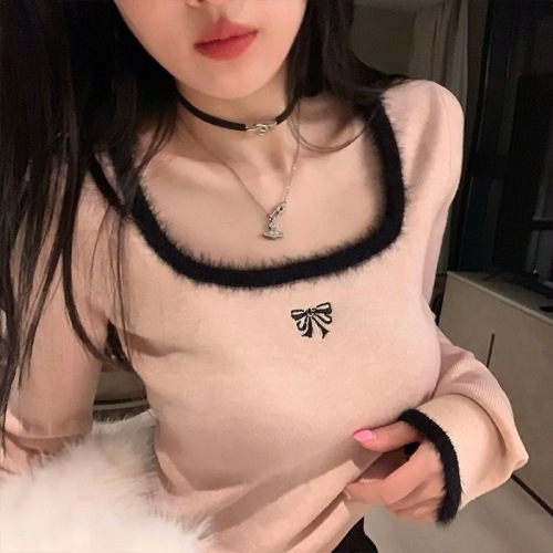 Ribbed velvet T-shirt design autumn and winter pure lust high-end long-sleeved top