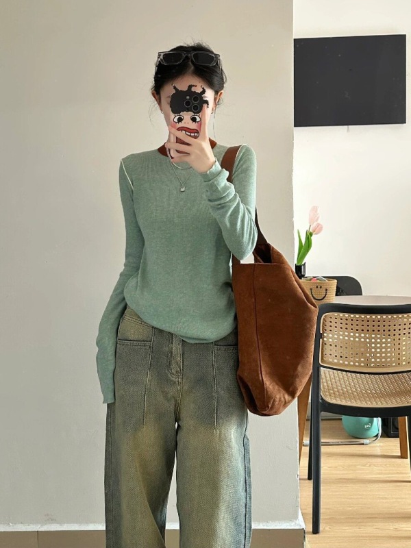 Spring and autumn green pullover sweater for women, contrasting color slimming sweater with bottoming shirt new top