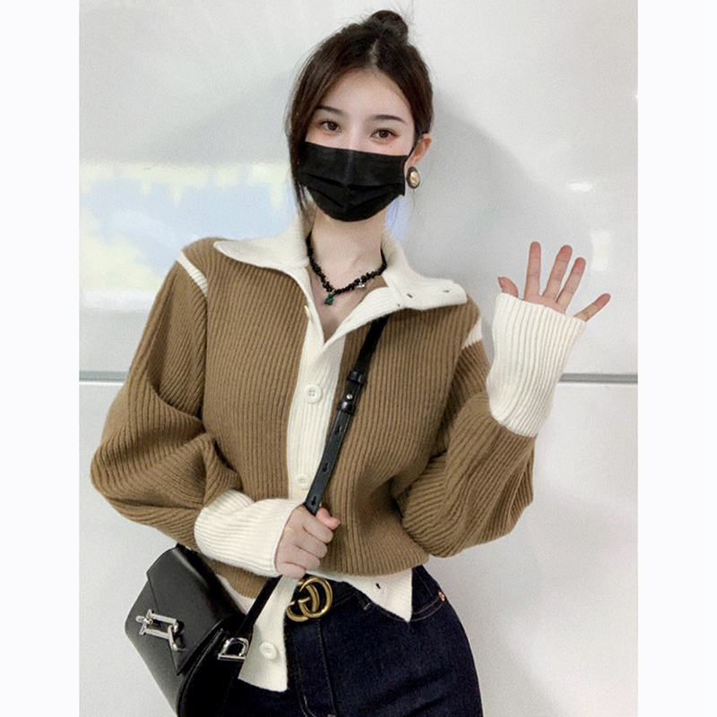 Lazy style spring, autumn and winter new Hong Kong style chic contrasting color design niche sweater cardigan jacket tops for women