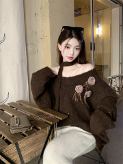 Actual shot~ Retro 3D floral V-neck ribbon loose sleeve knitted sweater + high-waisted slimming skirt