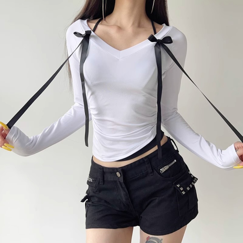 40 count pure cotton bow halter fake two-piece spliced ​​V-neck long-sleeved T-shirt bottoming top