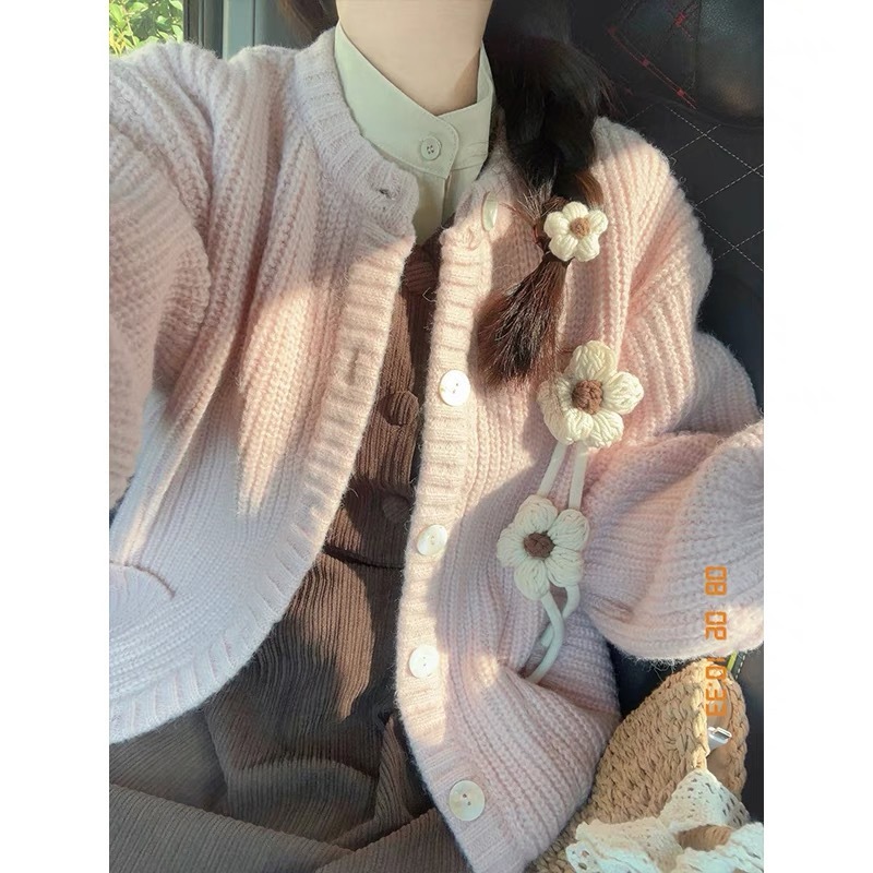 Net picture pink sweater cardigan coat women's outer wear loose lazy style oversize sweater top autumn and winter