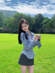 American Hot Girl Pure Desire Slim Waist Bottoming Shirt Women's Long Sleeve Striped Top Slimming