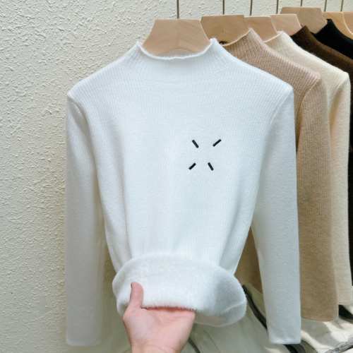 Real-shot fleece-lined one-piece sweater for women, 2024 new style, inner layer half-high collar pullover base knitwear, warm top