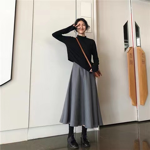 Black high-waist slim woolen half-length skirt for women with a-line large hem woolen mid-length skirt autumn and winter 2024 new style