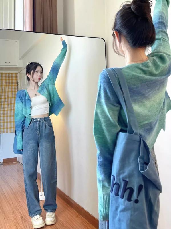Blue-green tie-dye knitted cardigan for women in spring and autumn, chic short thin style, gentle temperament sweater jacket, long-sleeved top