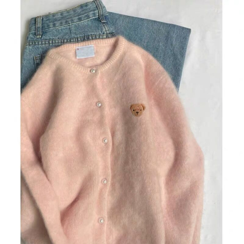 Early autumn raccoon velvet bear embroidery pink knitted cardigan for women autumn soft and gentle sweater jacket outer top