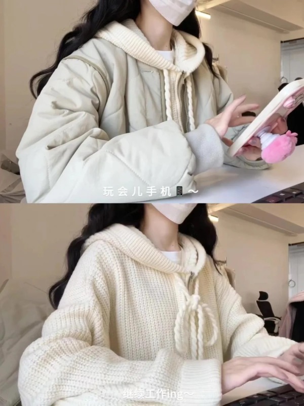 Half-zip hooded sweater for women, new autumn and winter loose sweatshirt, soft waxy knitted hoodie jacket, lazy style top