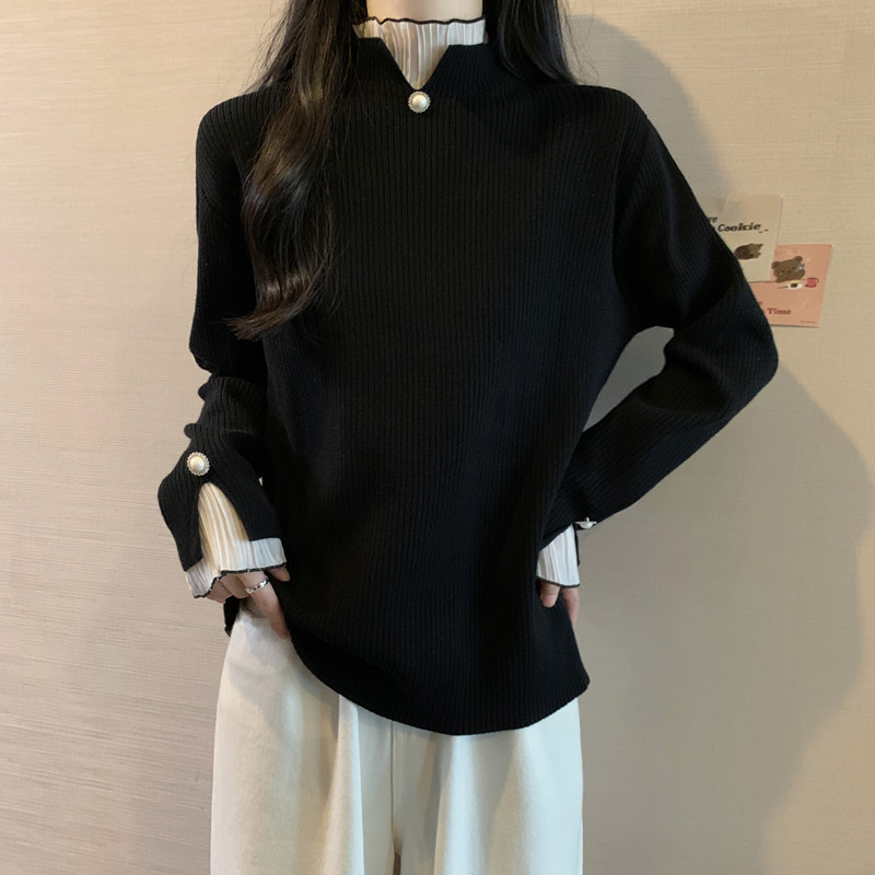 實拍胖妹妹秋冬裝大碼女裝毛衣顯瘦假兩件套頭針織衫寬鬆韓版上衣