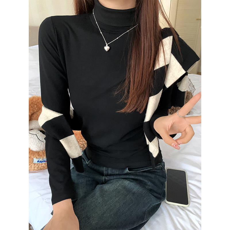 Real shooting autumn and winter fleece high neck undershirt women's waist cinch slim fit inner wear tight versatile warm versatile top 