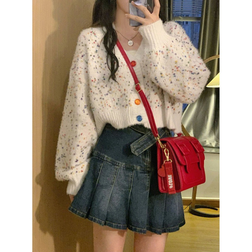 fufu cardigan v-neck sweater women's spring and autumn short lazy style bf soft waxy autumn and winter casual sweater