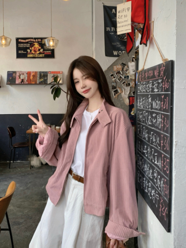 Real shot!  Korean Corduroy Stand Collar Short Jacket Women's Loose Design Versatile Temperament Jacket Top